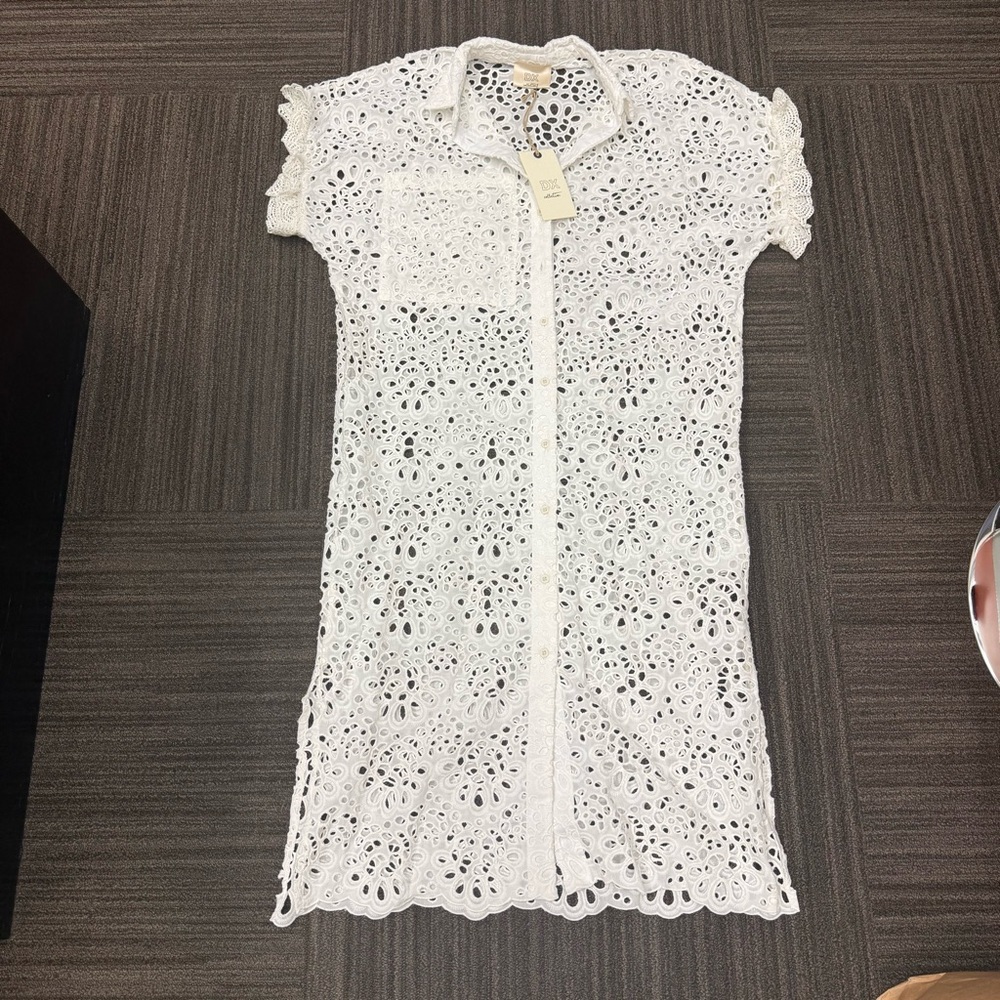 DX Collection White Lace Eyelet Bridal Swim Coverup Dress Collared Button Up